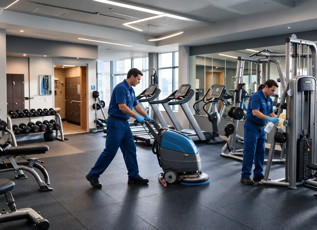Cleaning crew running a floor scrubber between gym machines
