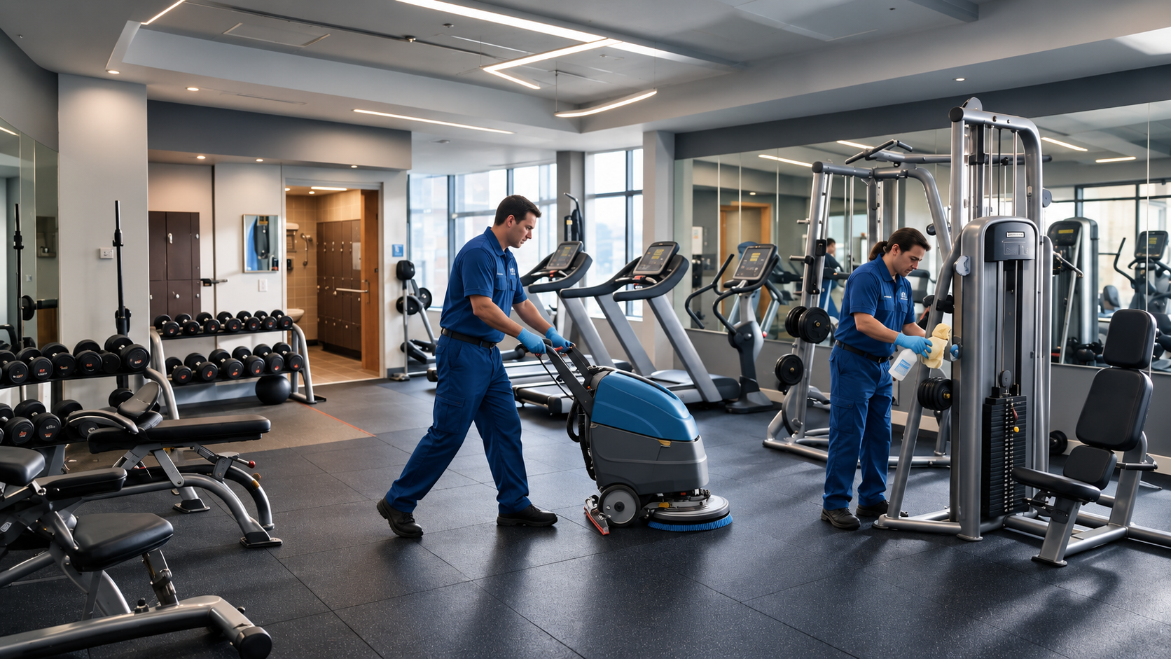 Cleaning crew running a floor scrubber between gym machines
