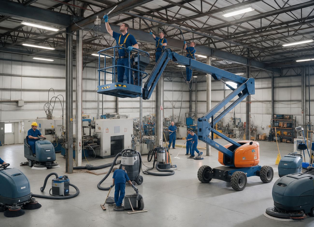 Crew member dusting high interior surfaces
