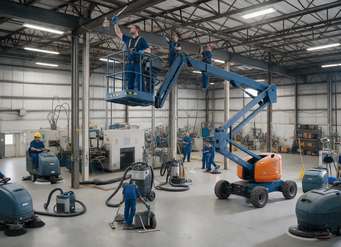 Crew member dusting high interior surfaces