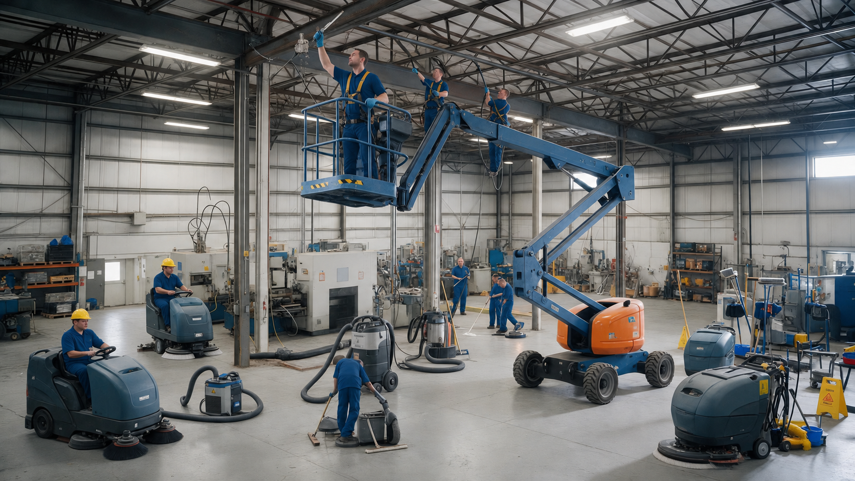 Crew member dusting high interior surfaces