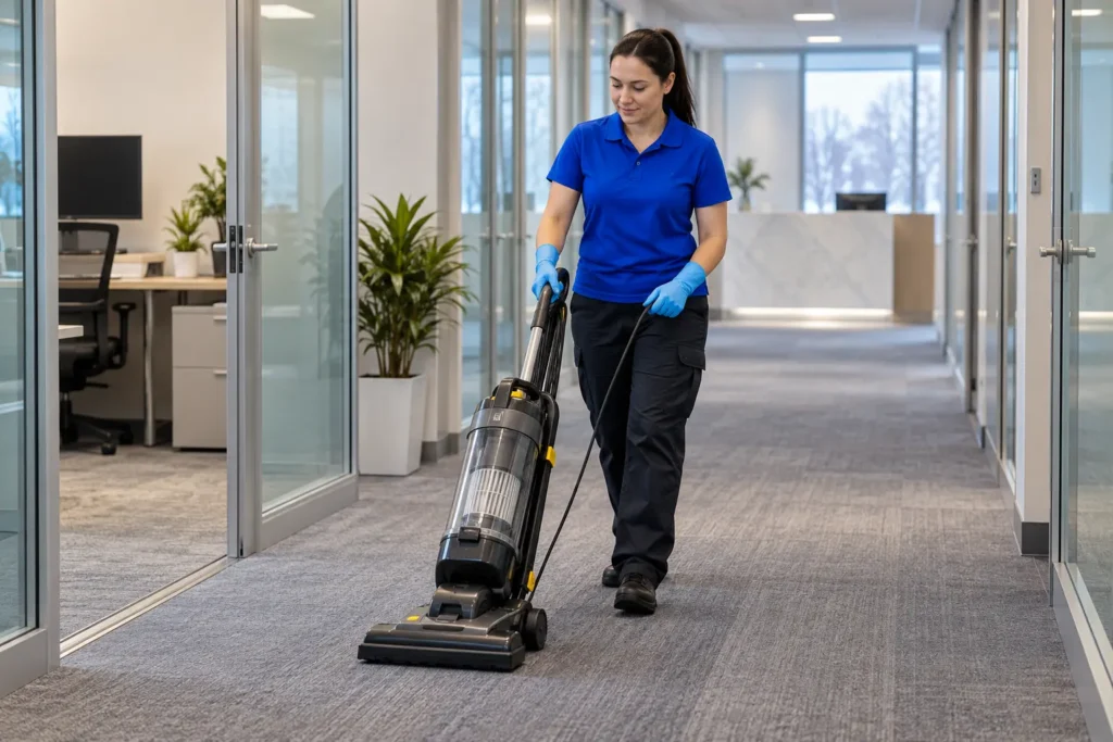Cleaner vacuuming a Canadian office to show how often an office should be cleaned