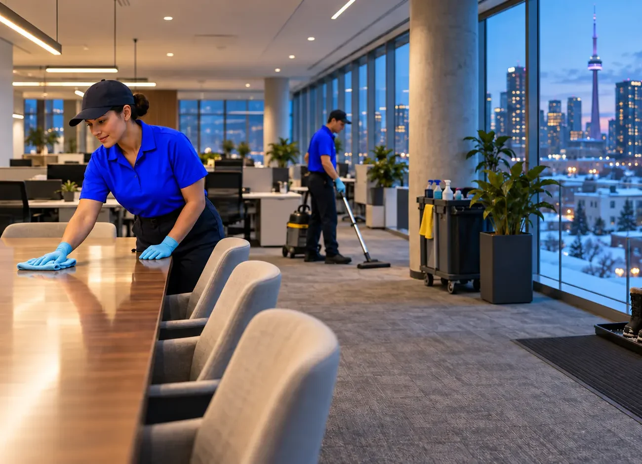 Everest crew cleaning an open-plan office after hours, showing how often an office should be cleaned