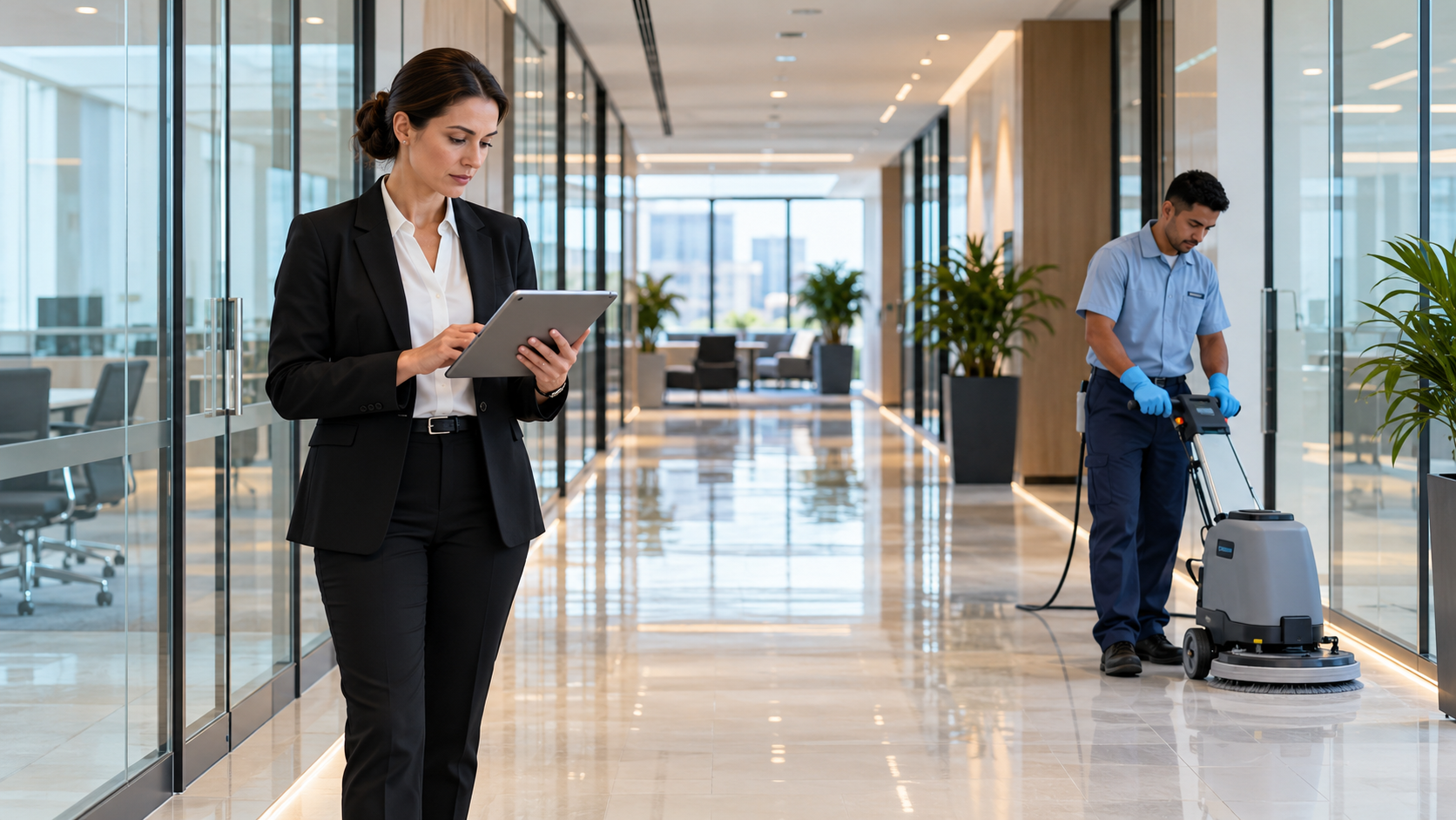 How to choose a commercial cleaning company: crew cleaning an office after hours