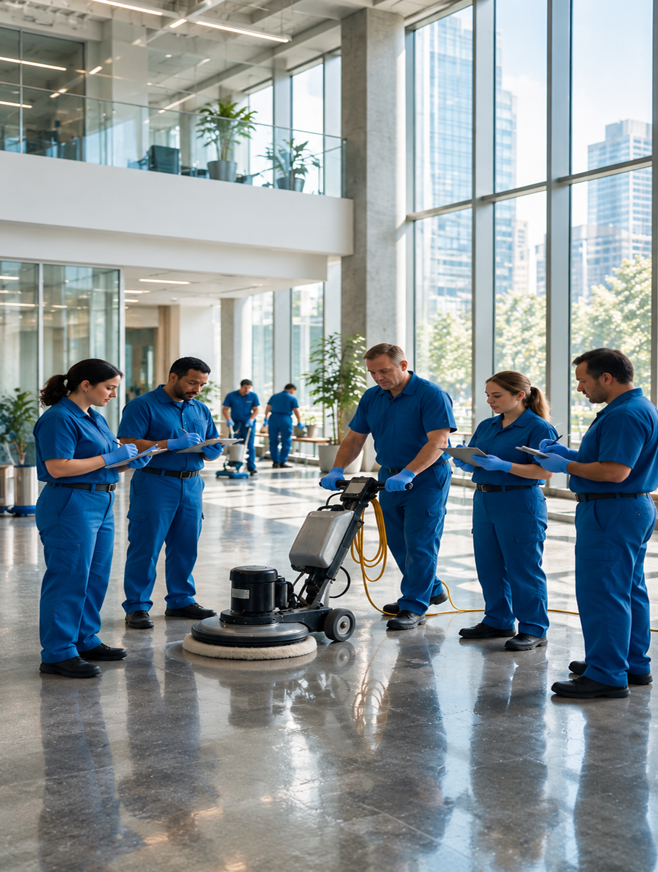 Cleaning crew gathered around a floor buffer in a glass lobby