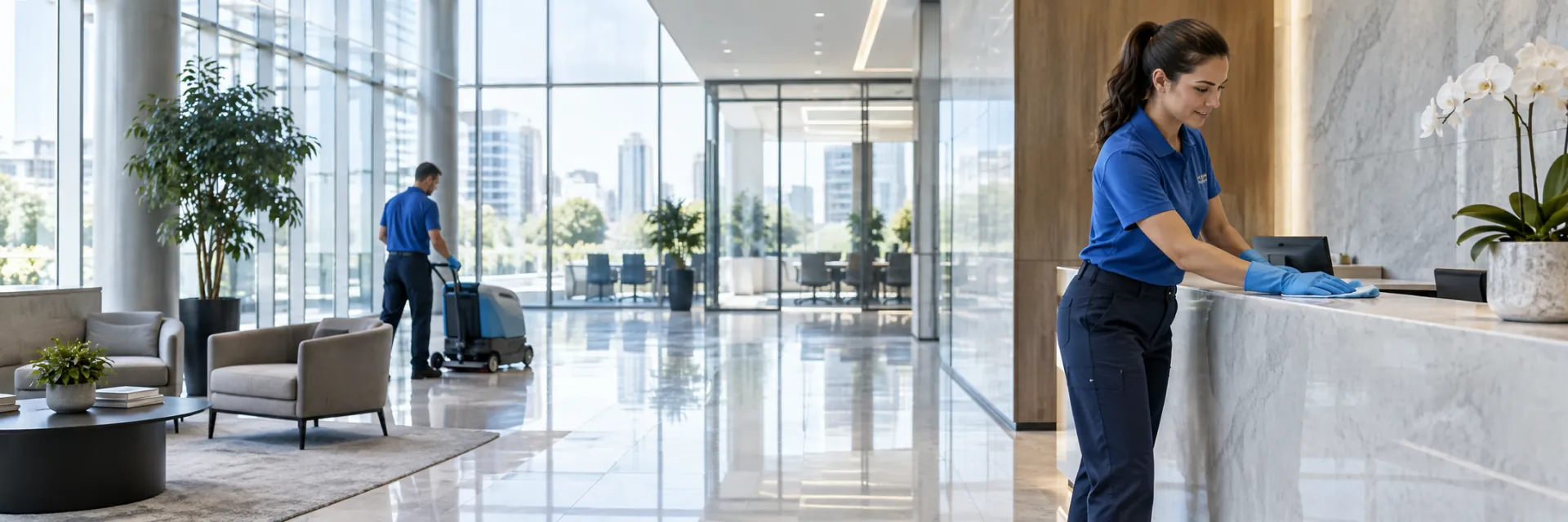 Crew member wiping a marble reception desk in a glass lobby