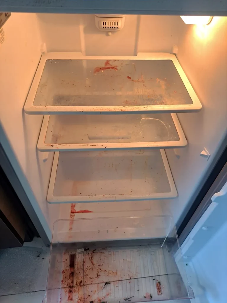 Before: open refrigerator with soiled shelves and stains on the floor
