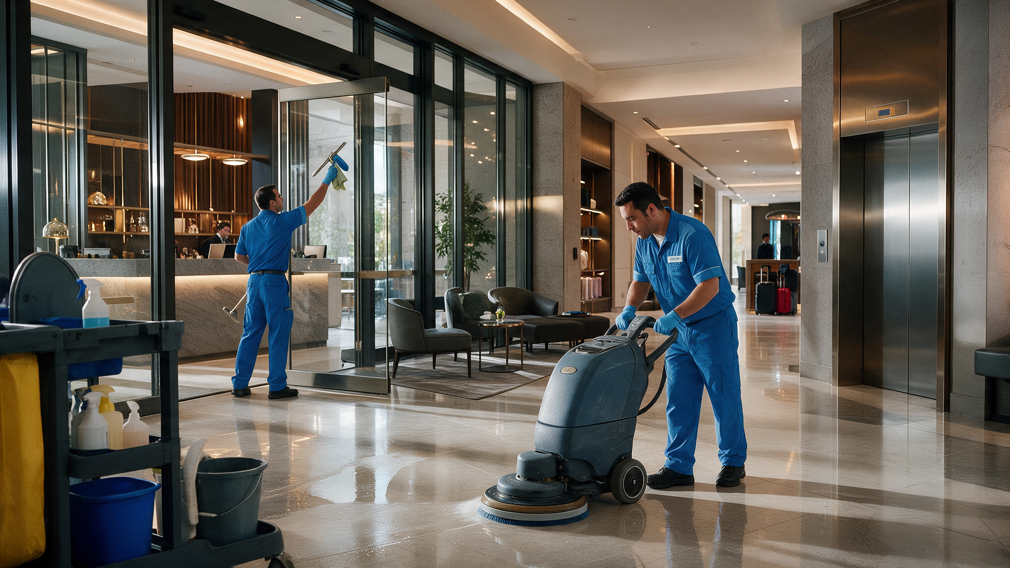 Commercial cleaning crew in navy uniforms