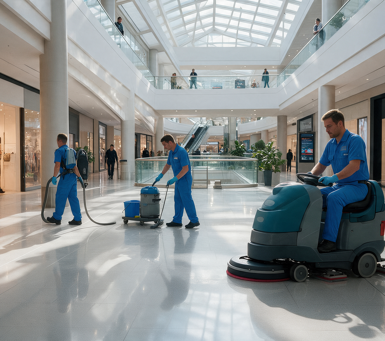 Commercial cleaning crew in navy uniforms