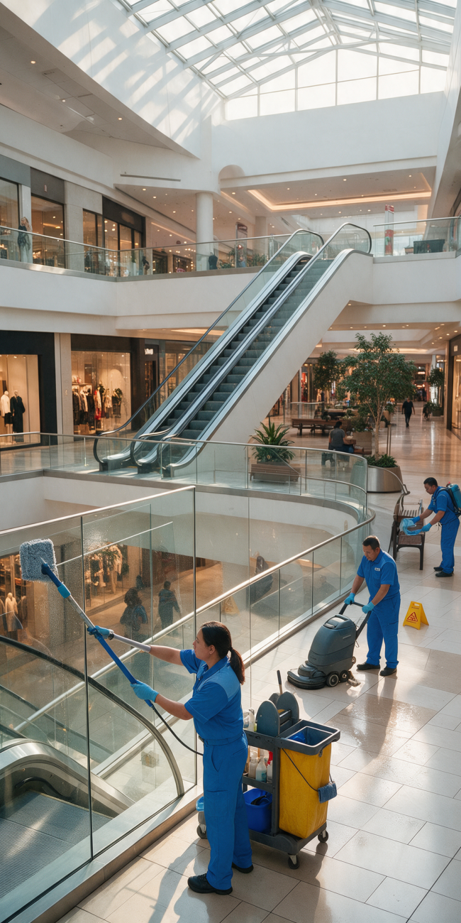 Commercial cleaning crew in navy uniforms