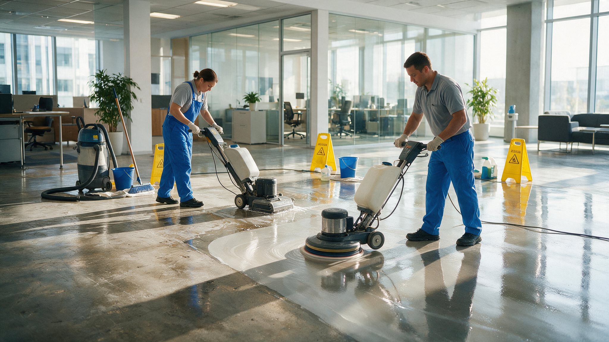 Commercial cleaning crew in navy uniforms