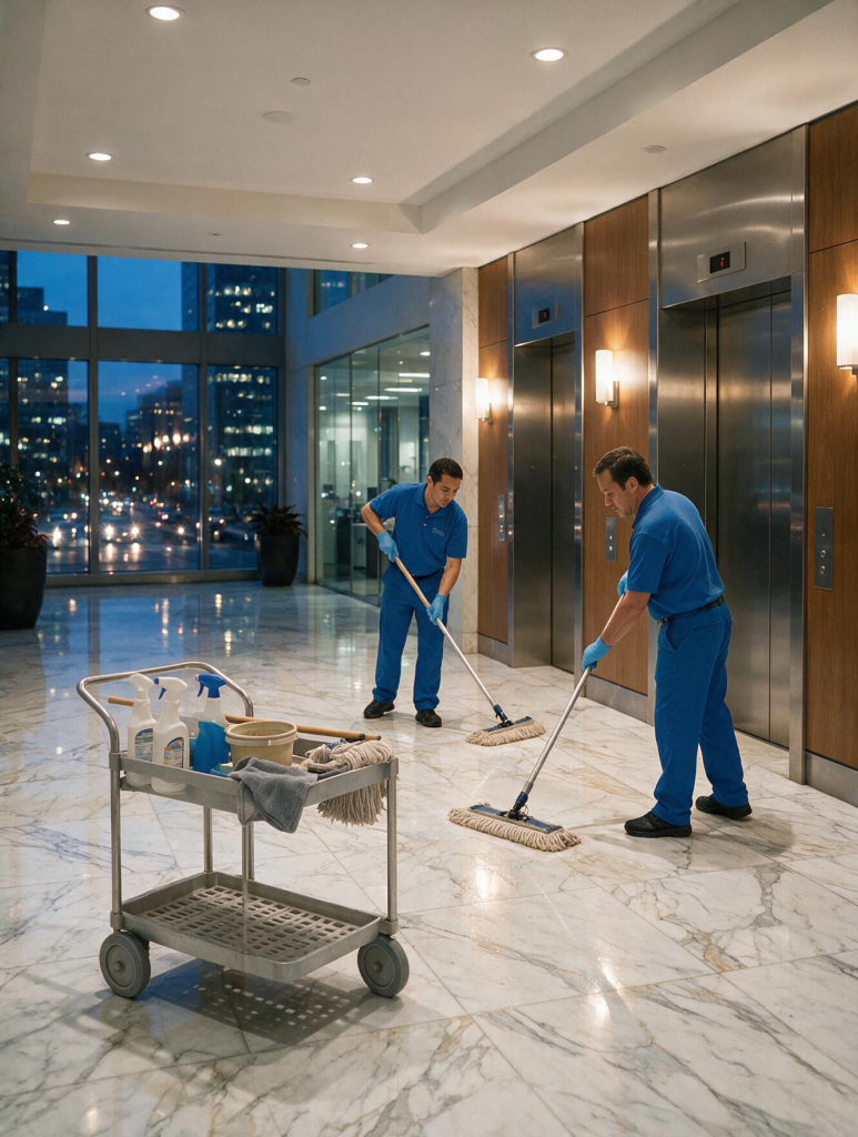 Commercial cleaning crew in navy uniforms