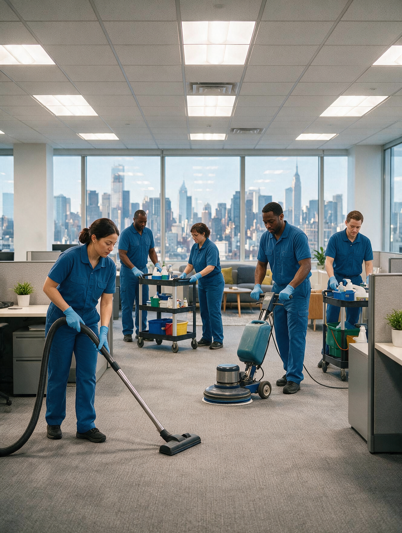 Commercial cleaning crew in navy uniforms