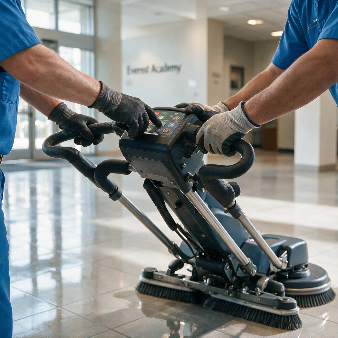 Commercial cleaning crew in navy uniforms