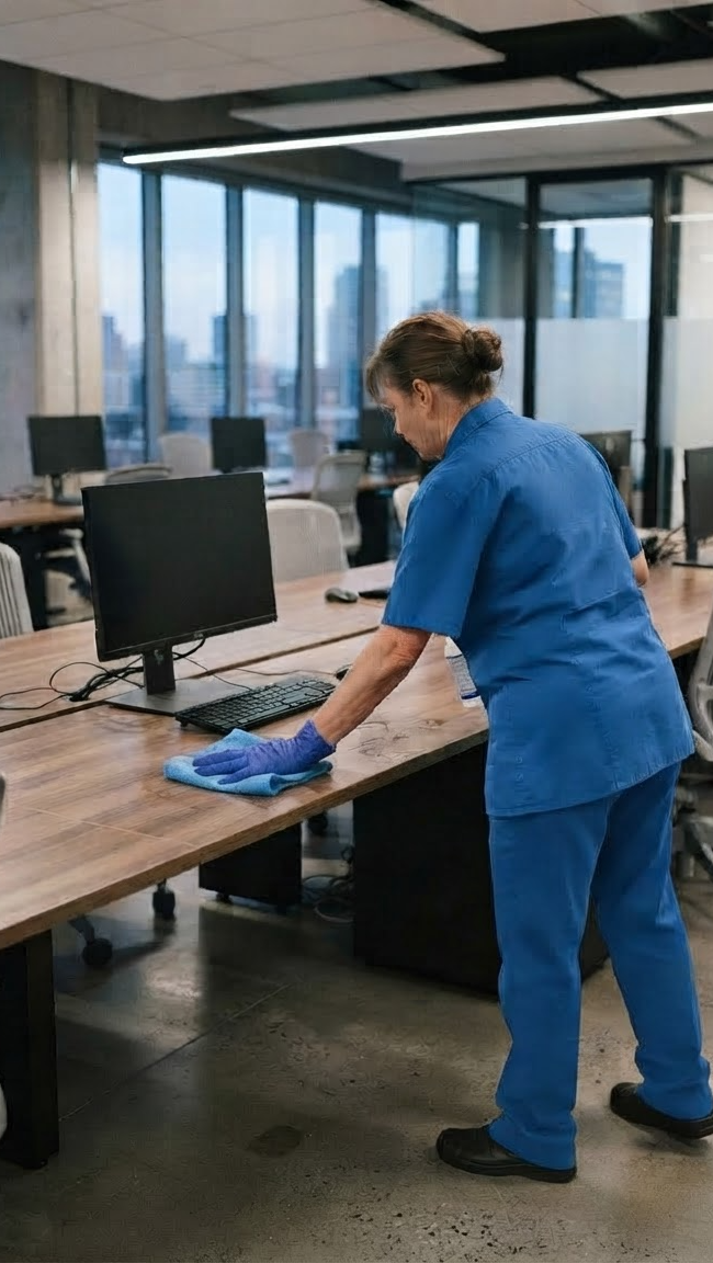 Commercial cleaning crew in navy uniforms