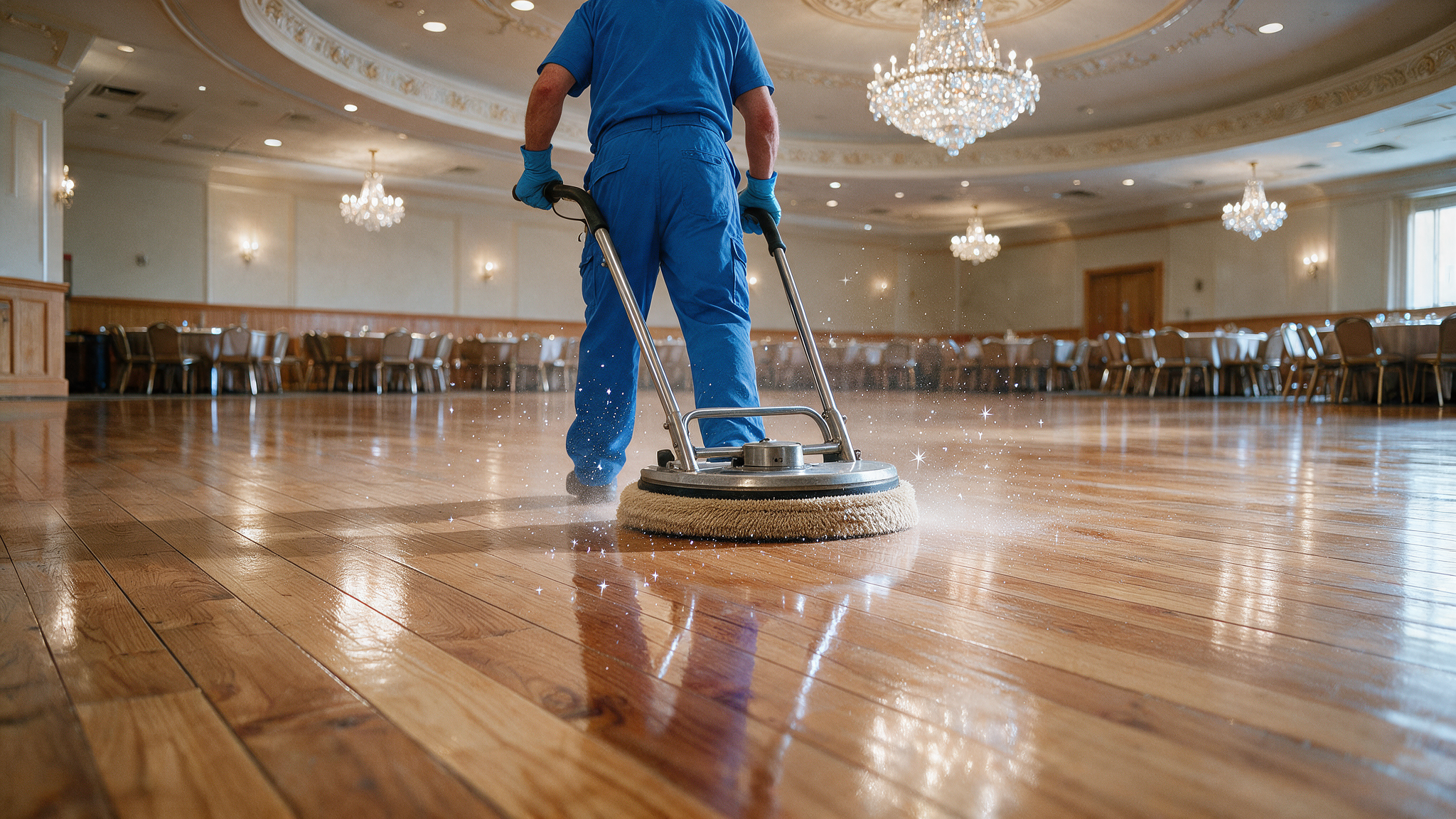 Commercial cleaning crew in navy uniforms