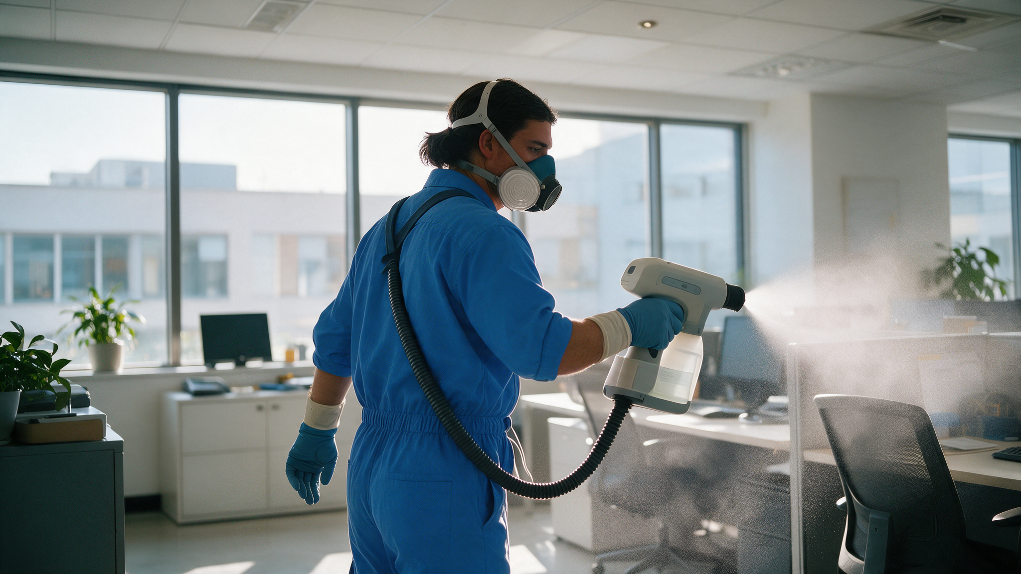 Commercial cleaning crew in navy uniforms