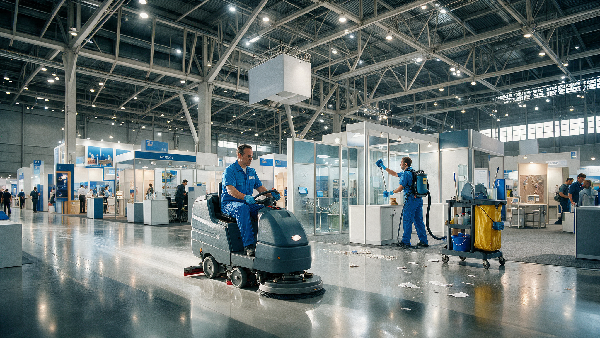 Commercial cleaning crew in navy uniforms