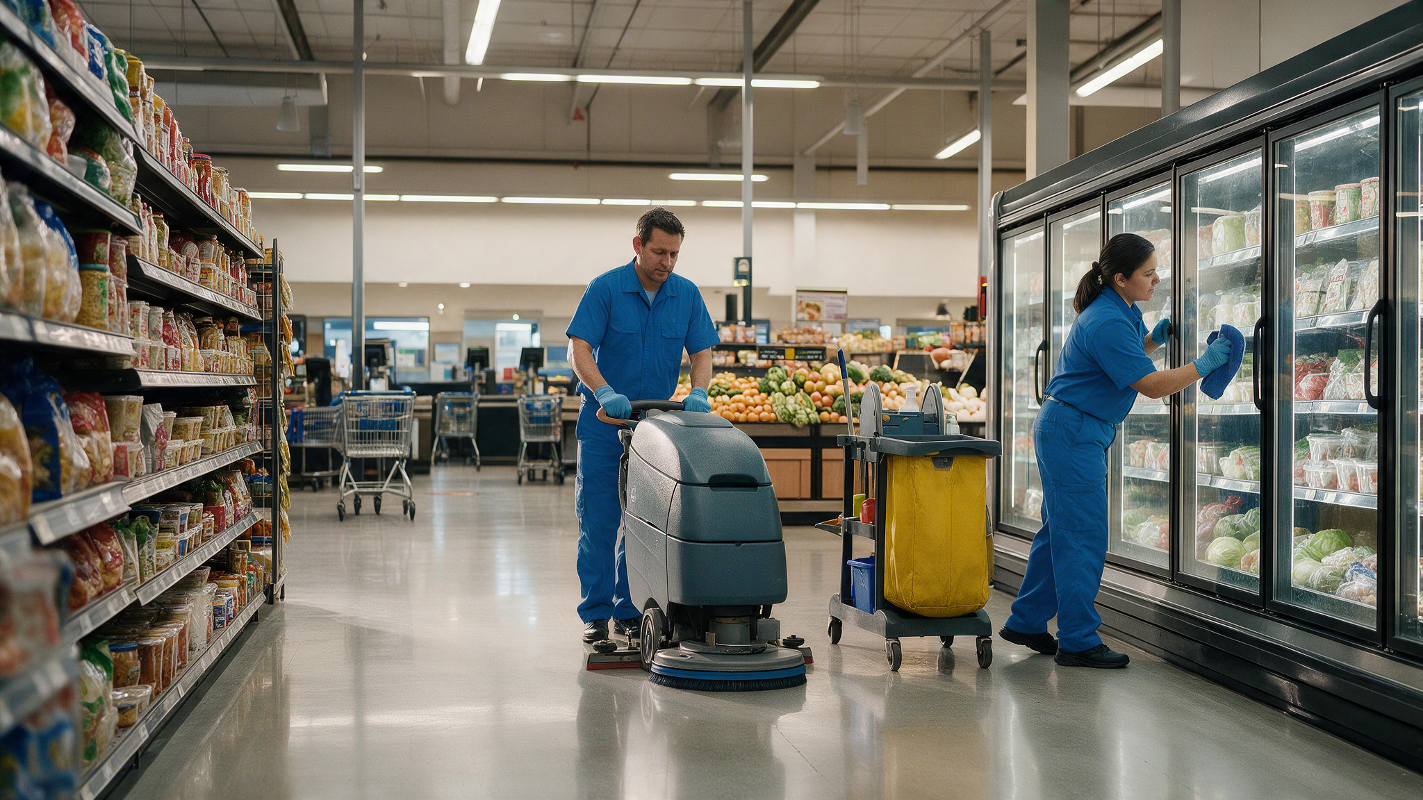 Commercial cleaning crew in navy uniforms
