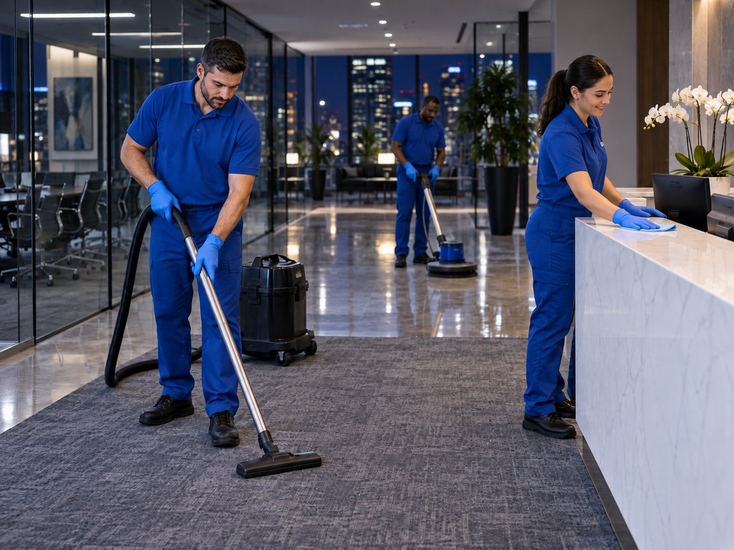 Night crew vacuuming an office while a teammate wipes the reception desk