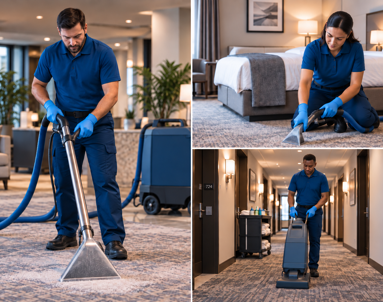 Crew member using a carpet extractor on an office carpet