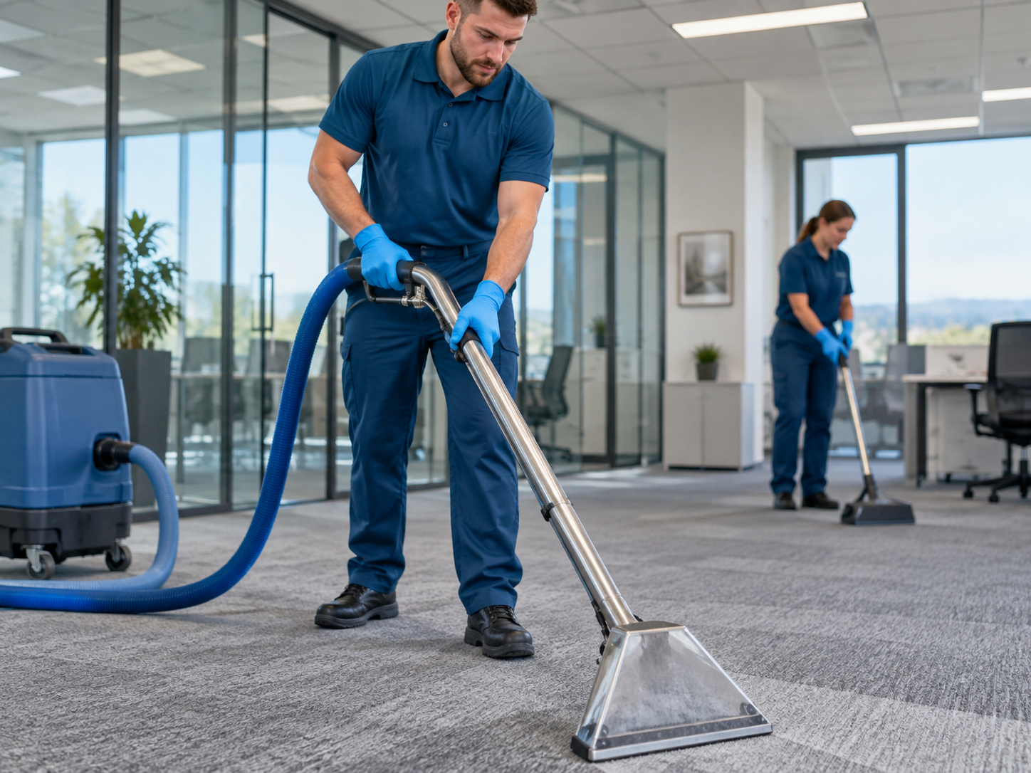 Crew member using a carpet extractor on an office carpet