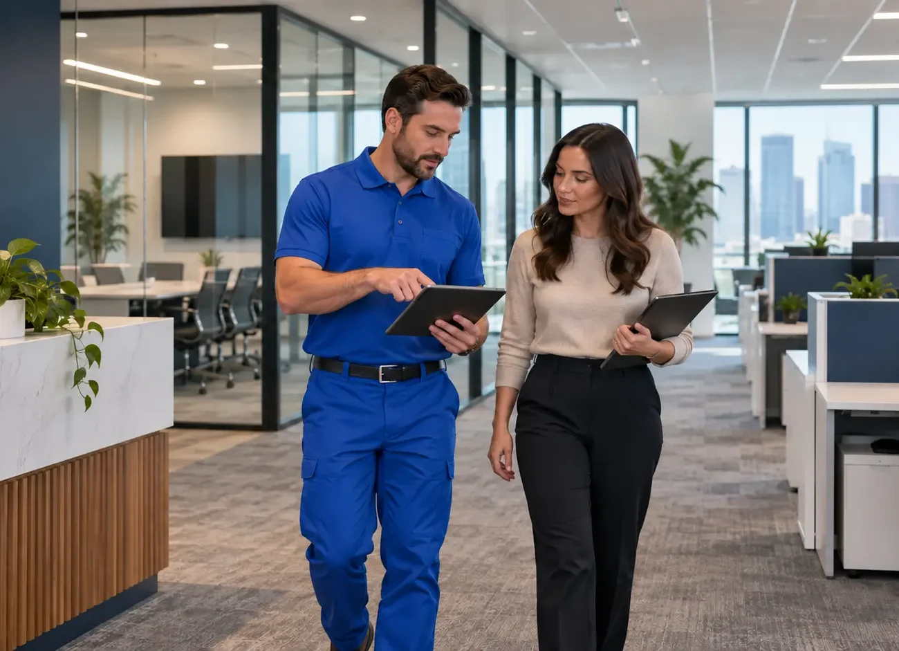 Cleaning supervisor in a blue uniform reviewing office cleaning requirements with an office manager