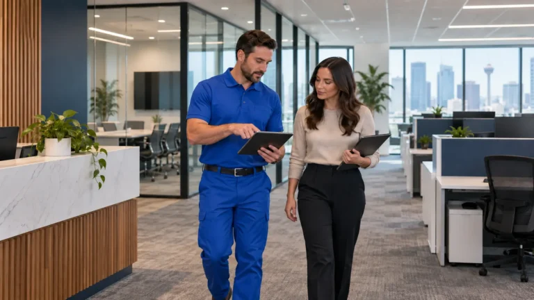 Cleaning supervisor in a blue uniform reviewing office cleaning requirements with an office manager