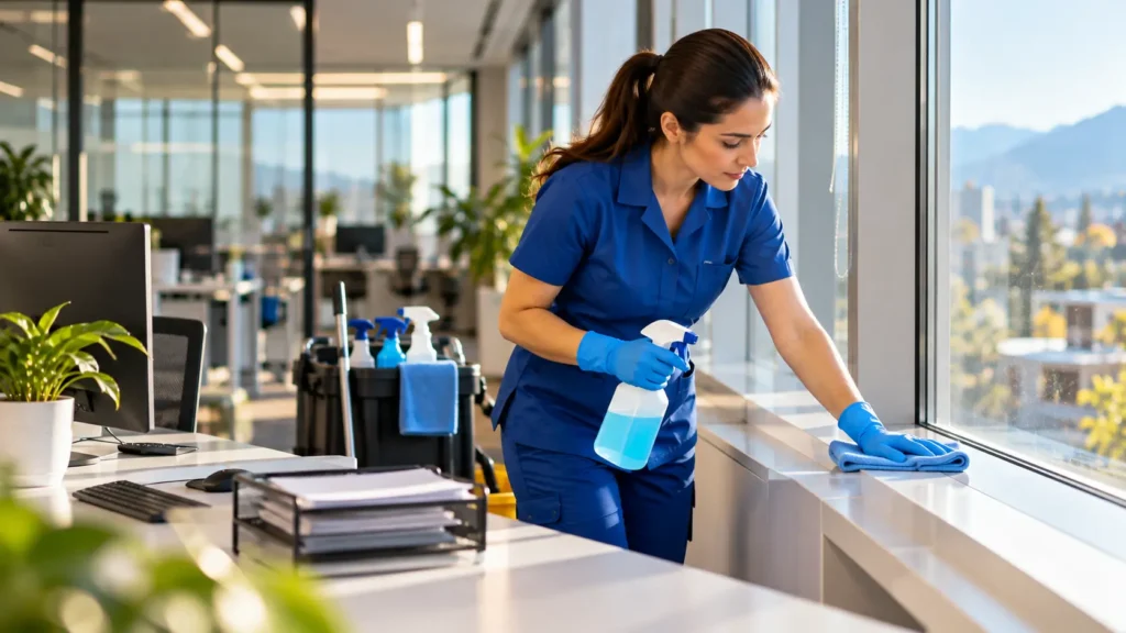 Commercial cleaner wiping a window ledge and desk area to control dust in a modern office