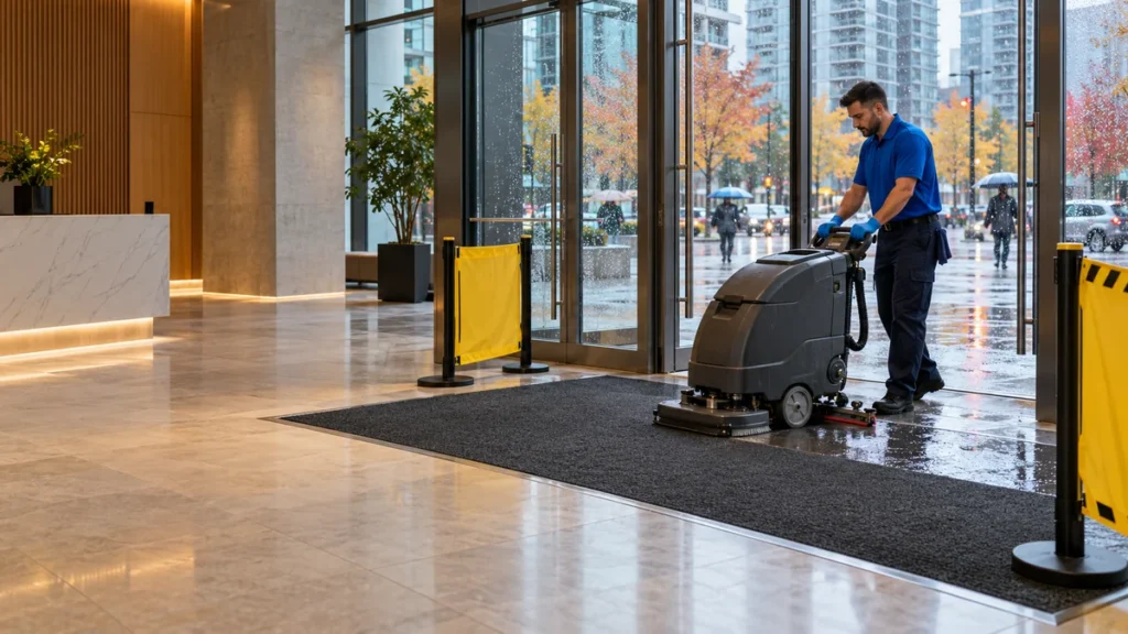 Cleaner using a floor scrubber for rainy season office cleaning.