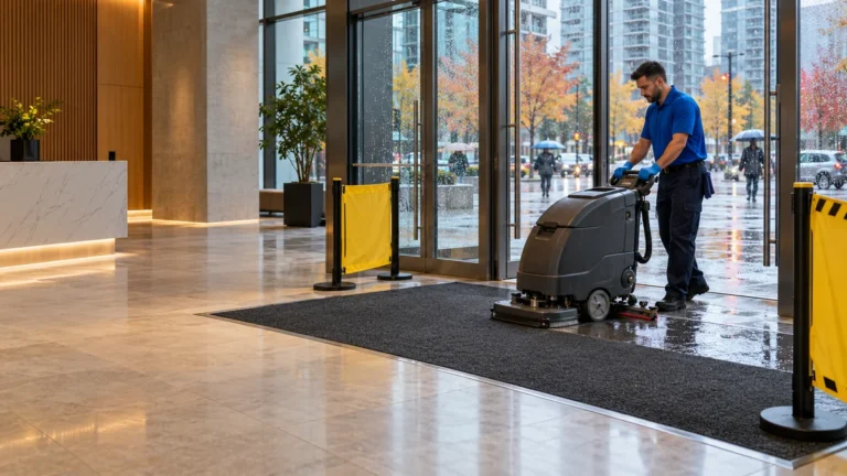 Cleaner operating a floor scrubber beside an office entrance mat, with rain visible outside.