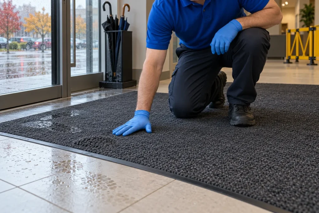 Gloved cleaner checking a damp entrance mat beside a tiled office floor