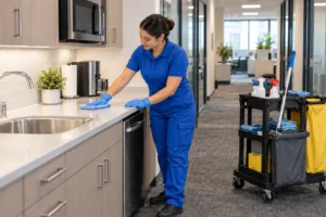 Cleaner in a blue uniform wiping an office kitchenette counter with a microfibre cloth
