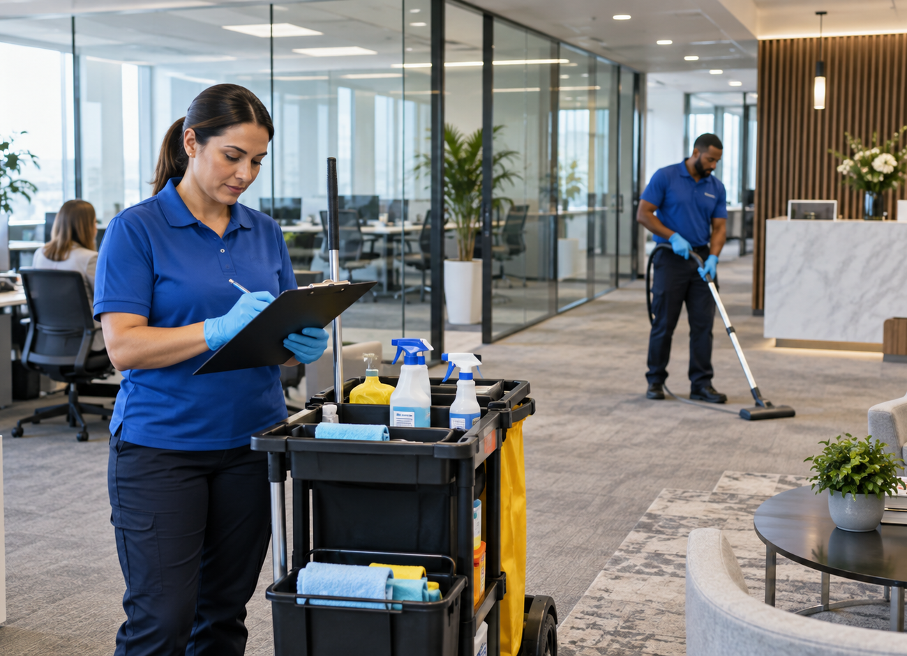 Crew member checking supplies on a cart while a teammate vacuums the office
