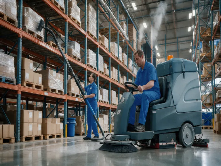 Cleaning crew member in a plain uniform shirt ready for a warehouse shift