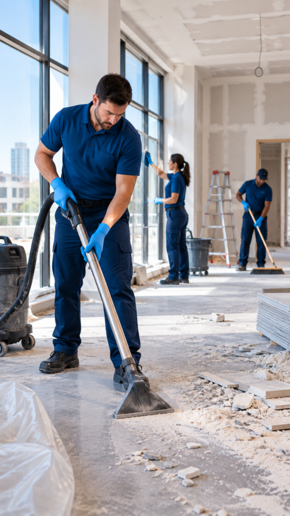 Crew member cleaning a site after the construction trades leave