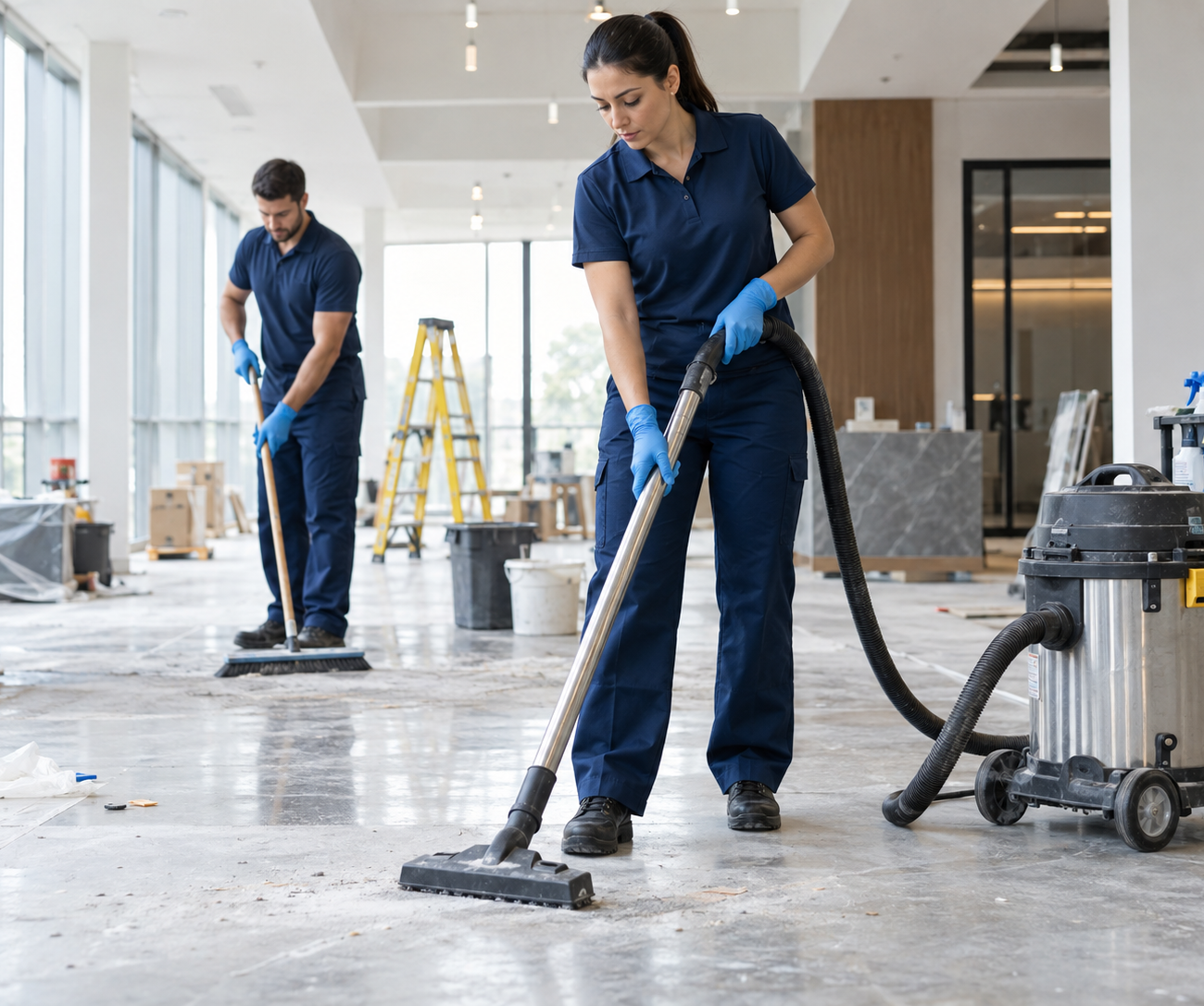 Crew member cleaning a site after the construction trades leave