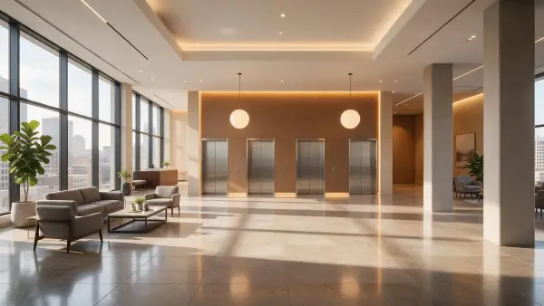Office tower lobby looking toward the elevators