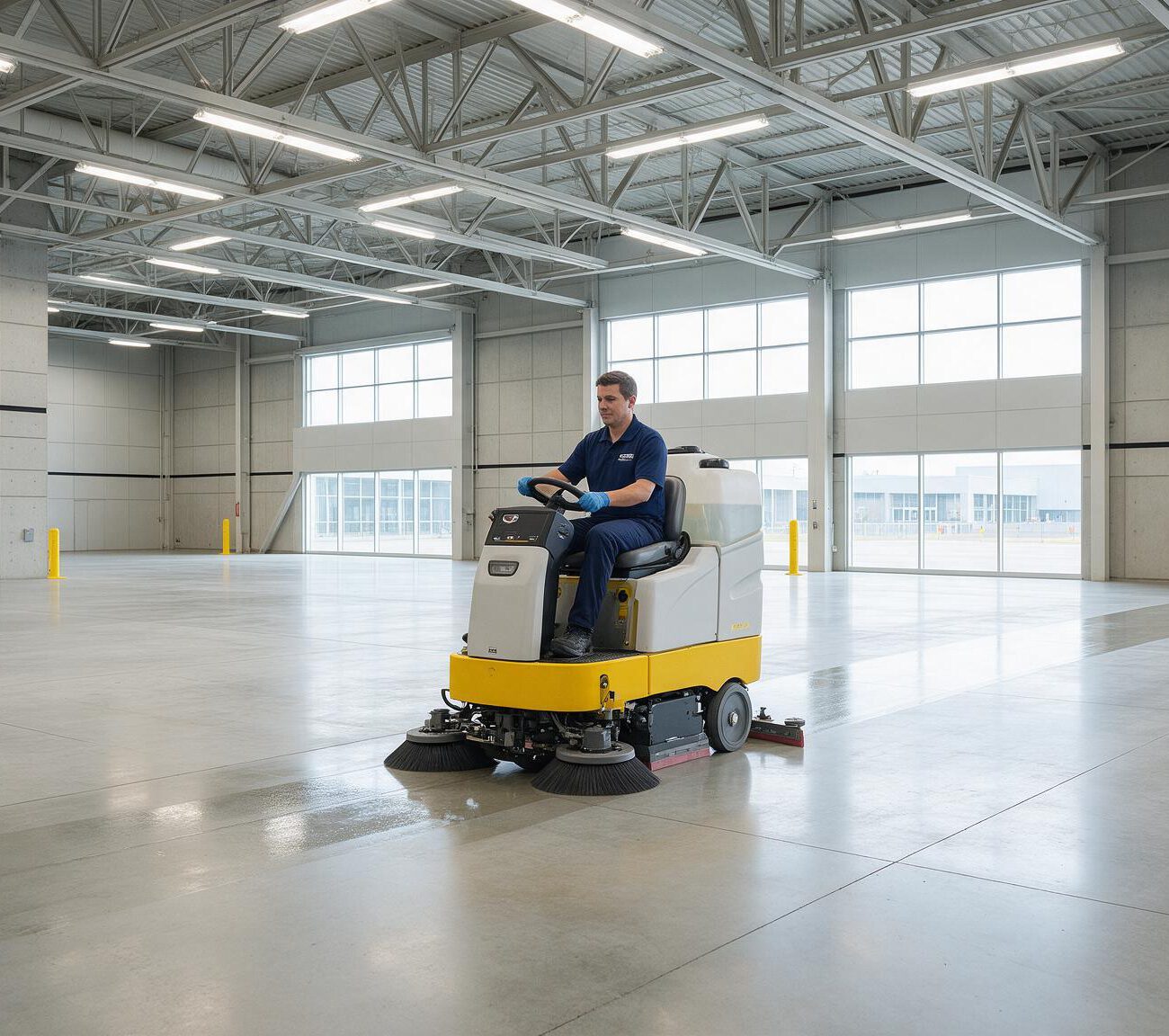 Crew member in gloves operating a wide floor scrubber in an empty exhibition hall