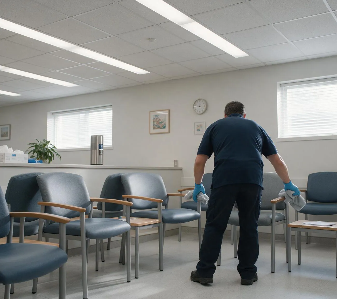 Crew member in gloves wiping waiting-room chair armrests in an empty clinic