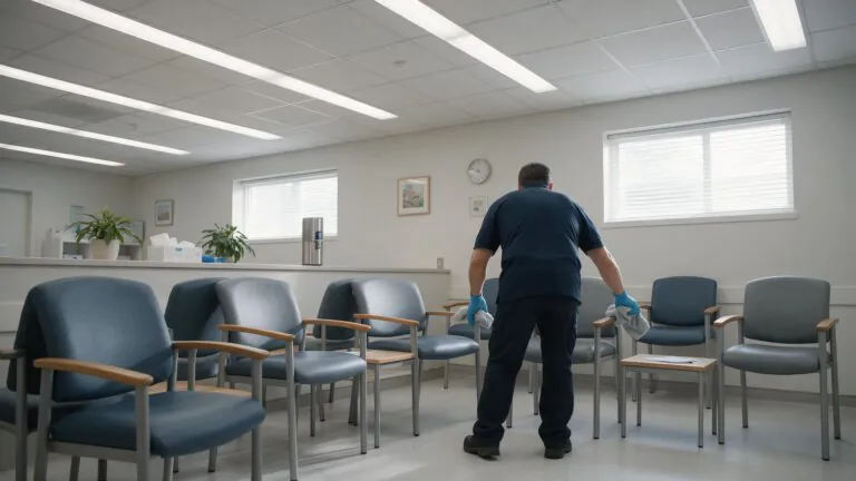 Crew member in gloves wiping waiting-room chair armrests in an empty clinic