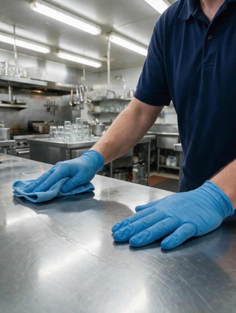Gloved hands wiping a restaurant kitchen stainless counter after close