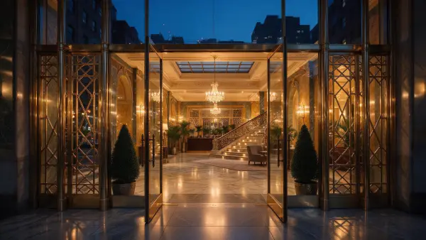 Hotel lobby entrance at dusk