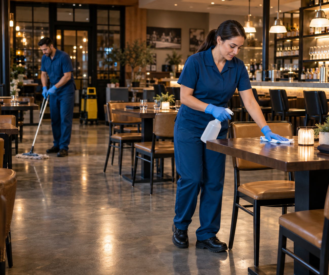 Cleaning crew working a restaurant dining room after service