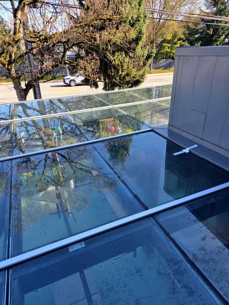 Clean glass roof panels over a restaurant patio, trees reflected in the glass