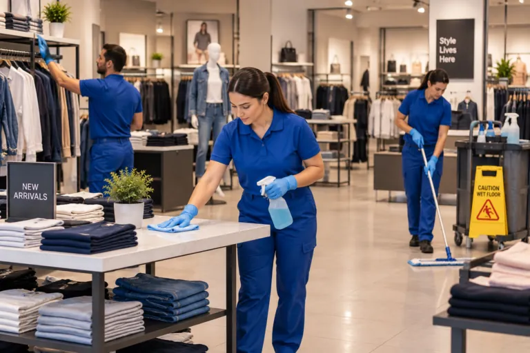Cleaning crew wiping a display table on a clothing shop floor