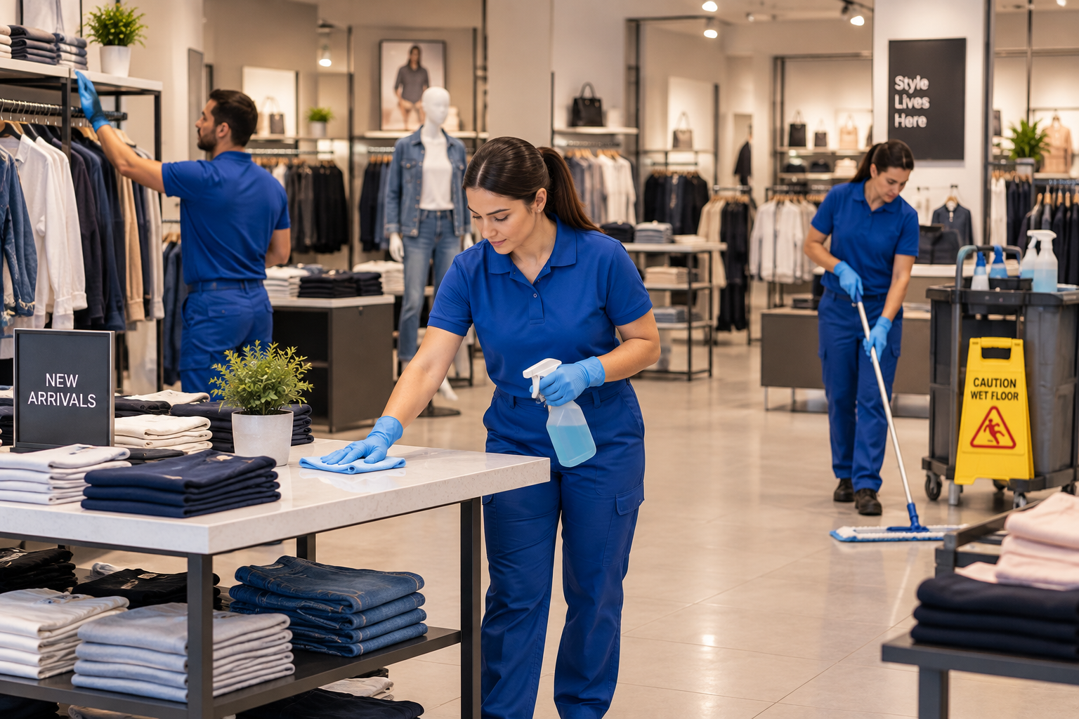 Cleaning crew wiping a display table on a clothing shop floor