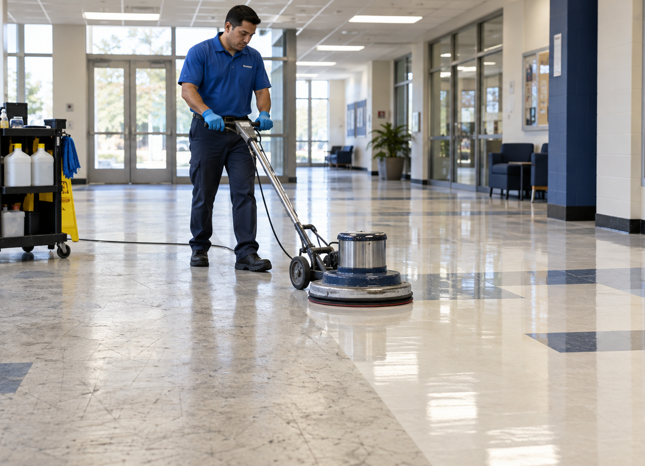 Crew member running a floor buffer down a school hallway