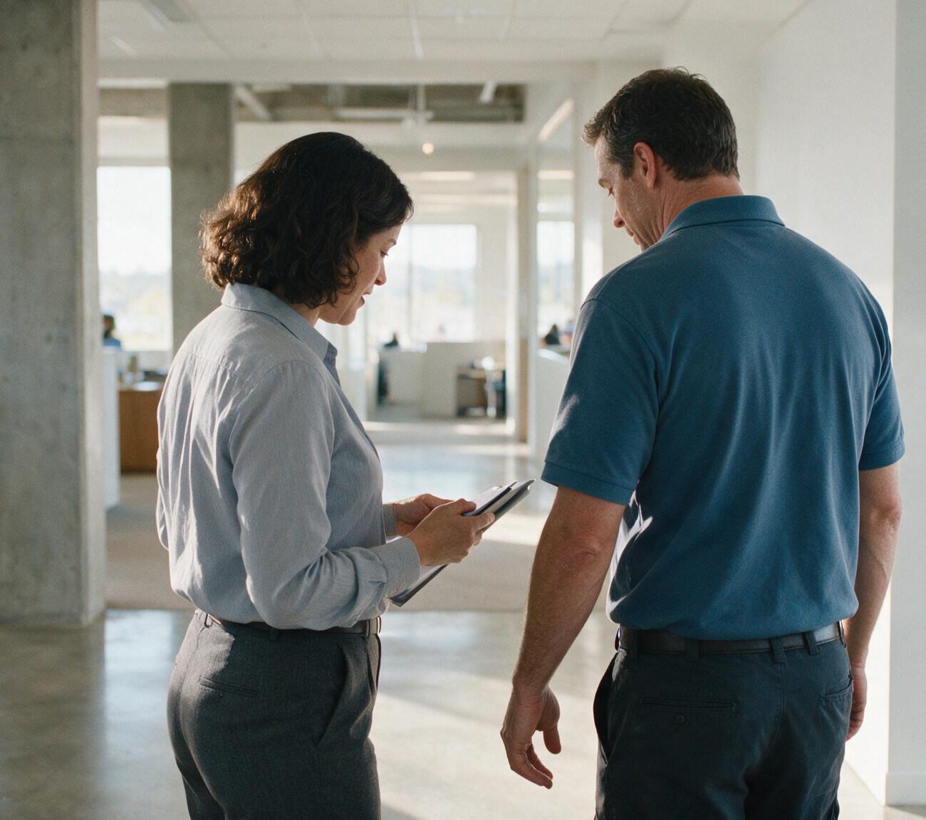 Supervisor and office contact reviewing a tablet in a clean open-plan office