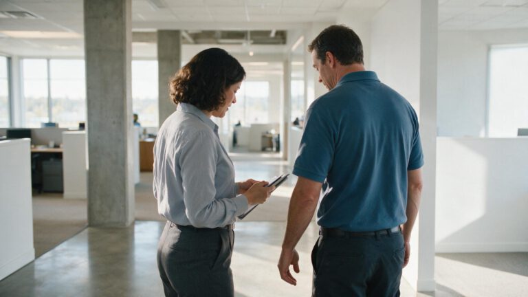 Supervisor and office contact reviewing a tablet in a clean open-plan office
